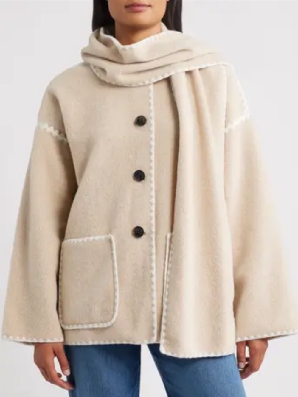 BCBGMAXAZRIA Embroidered Trim Scarf Coat Beige Button Front Jacket S